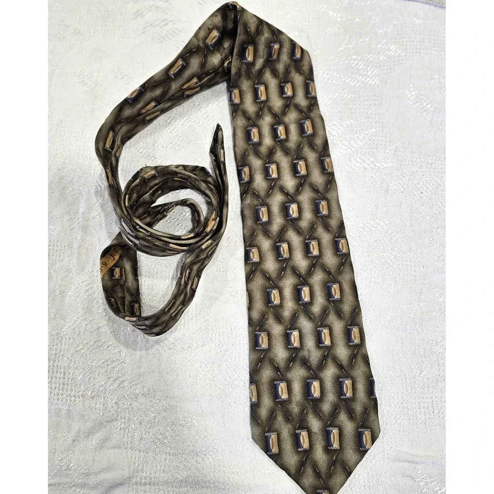 J.Z. Richards Nordstrom Mens Silk Tie Extra Long 63 Tan Blue Geometric USA